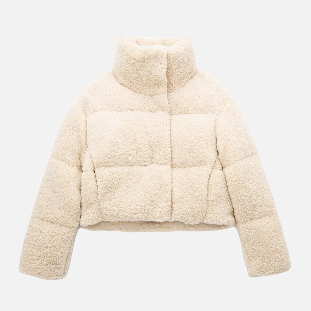 Jaqueta Puffer Cropped de Pelúcia Off White – Dalida