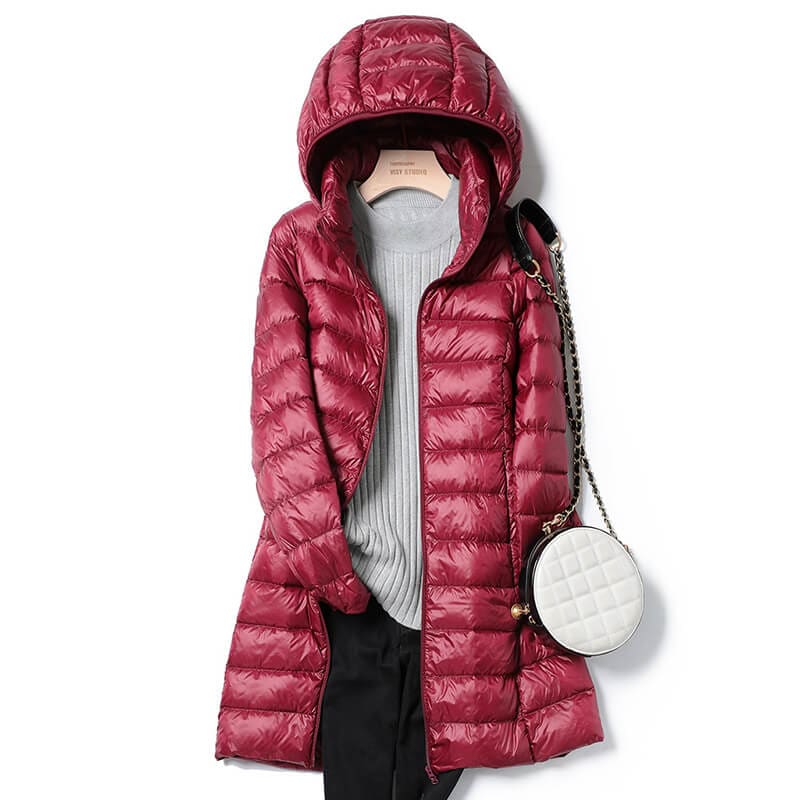 Jaqueta Puffer Feminina Alongada com Capuz e Pluma de Ganso Premium – Pafett